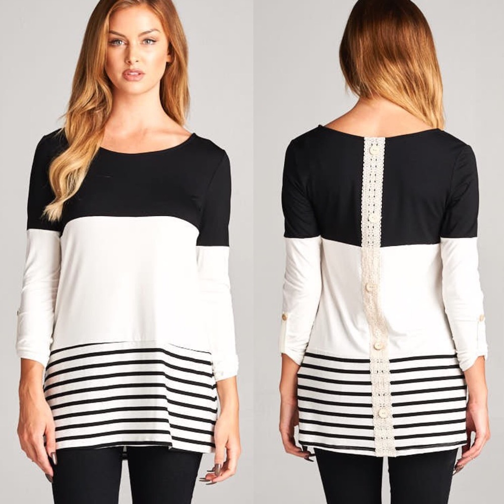 MEAGAN striped 3/4 sleeve top - BLACK